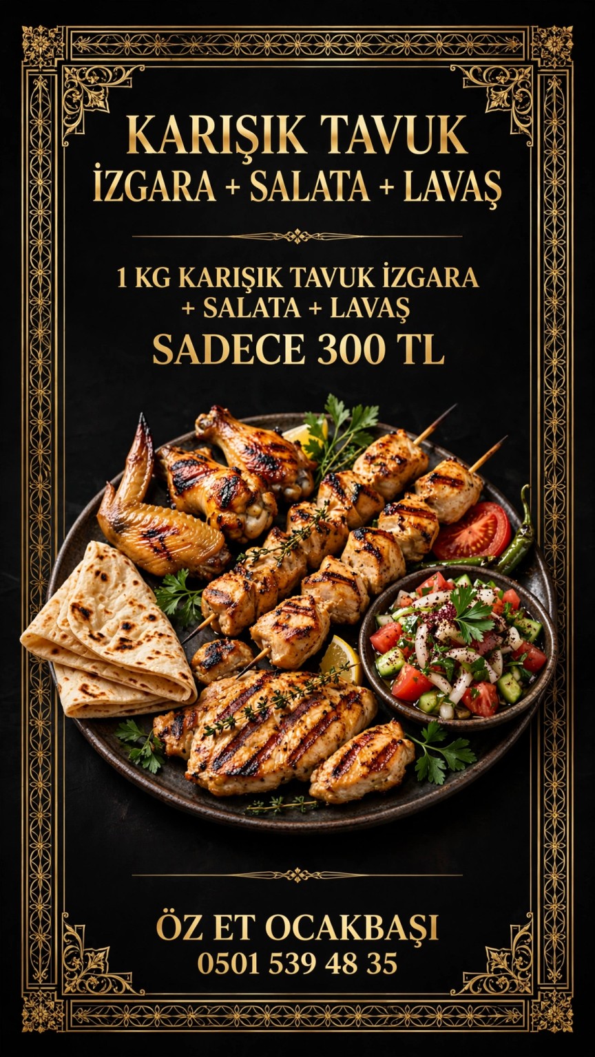Bir kilogram karışık tavuk ızgara, salata ve lavaş kampanyası